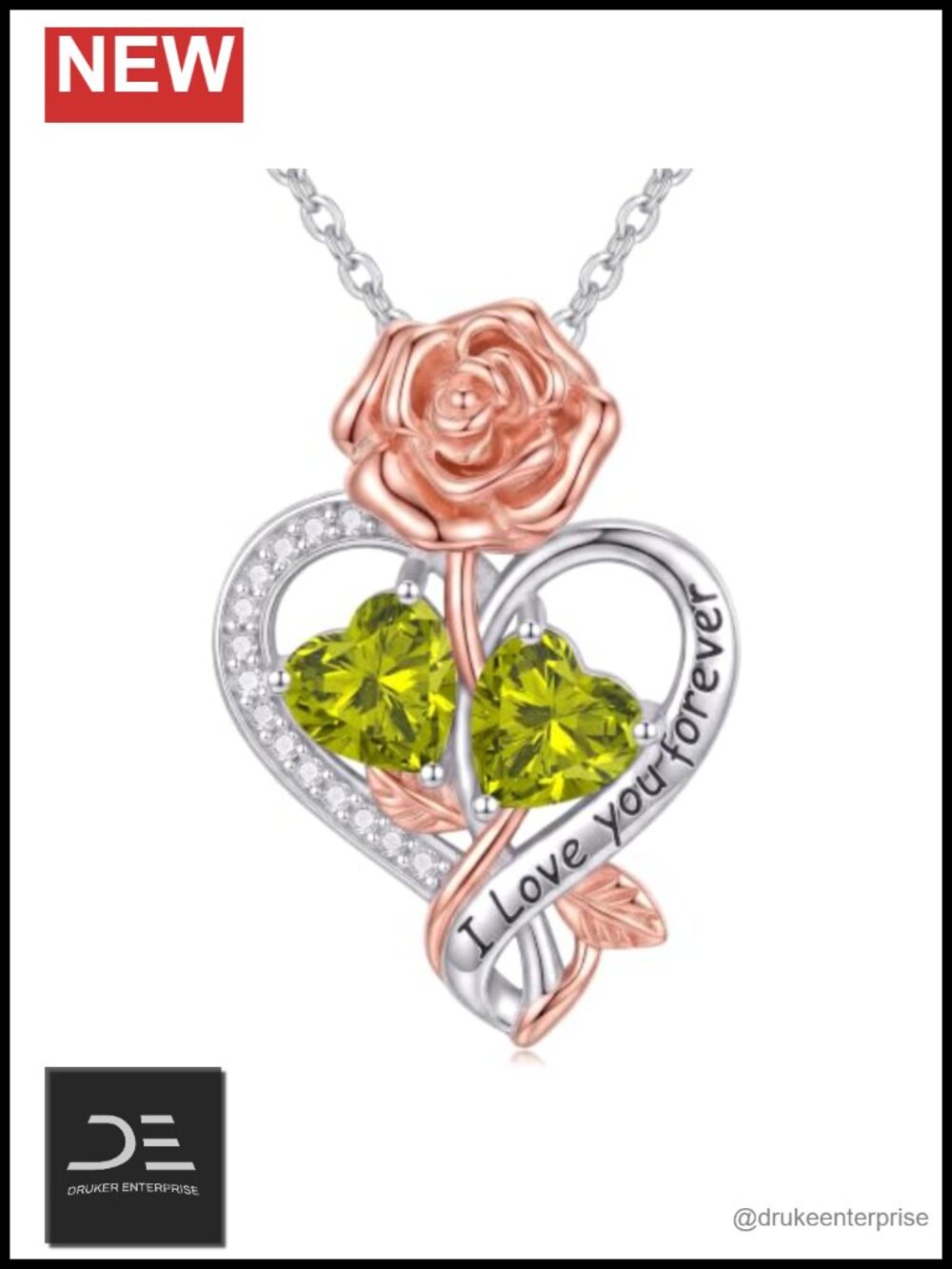 Double Birthstone Heart Pendant Necklace White Gold Plated Infinity Anniversary